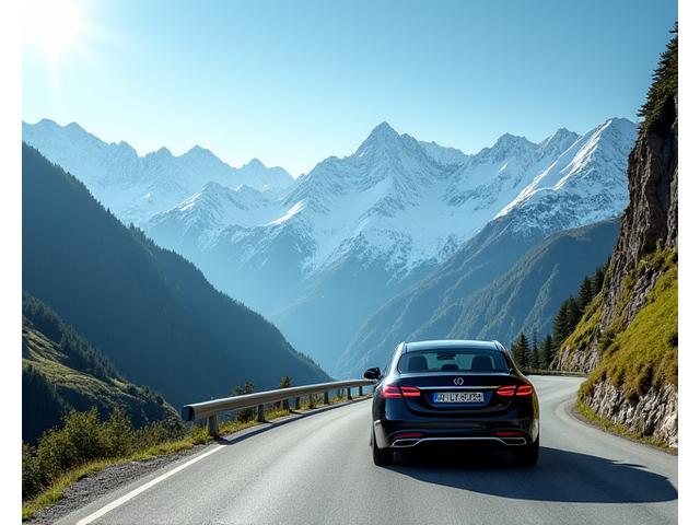 Car driving on a winding alpine pass with snow-capped mountains