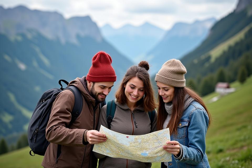 Tourist family looking at a map in front of a scenic Swiss mountain backdrop, symbolizing route planning.